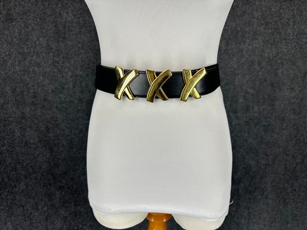 Paloma Picasso VTG 90's Genuine Italian Black Leather Belt Gold X Motifs M/75